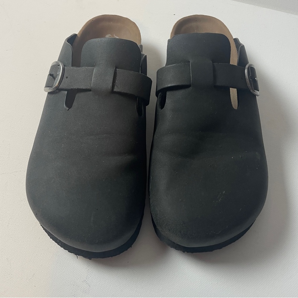 Black Slide on Mules with Buckle